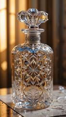 A regal vintage perfume bottle made of golden-tinted glass, adorned with lavish floral engravings and filigree detailing. The design is intricate, with raised patterns across the body, showcasing expe