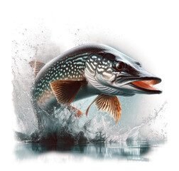 isolated image Profile view of pike jumping with water splash on transparent background. High realism, ideal for serious fishing graphics