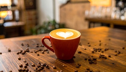 Red mug of latte art with heart design on wooden table with scattered coffee beans