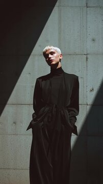 Fashion portrait of a woman in minimalistic futuristic outfit