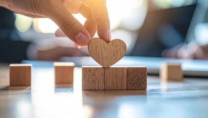 A caring hand carefully placing a wooden heart on top of wooden blocks. The scene evokes feelings of love, care, and building something meaningful together