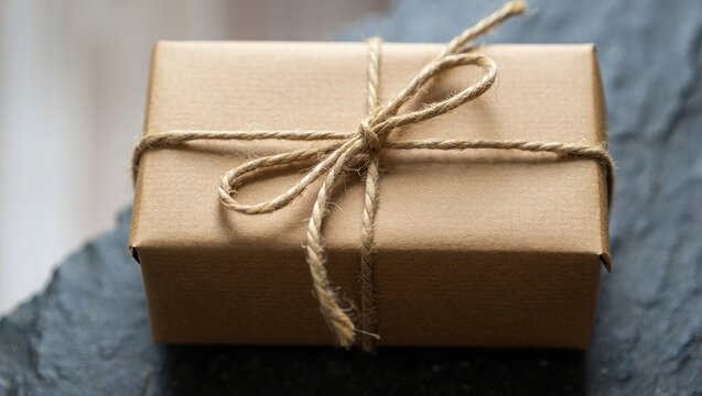 Kraft Paper Wrapped Gift Box with Twine Bow on Slate