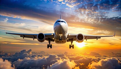 Front view of a passenger airplane in mid-flight, soaring above the clouds against a dramatic golden sunset sky, symbolizing travel and tourism.