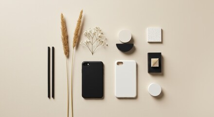 Modern Tech and Natural Textures: A Minimalist Flat Lay with Phone Cases and Decor
