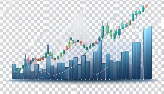 High-resolution transparent PNG illustration of a financial trading graph with candlestick chart, analytics data, and upward investment growth arrow. Ideal for stock market presentations