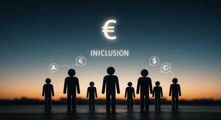 Concept of inclusion and diversity with a group of people standing together under the euro symbol, representing financial equality and economic opportunity