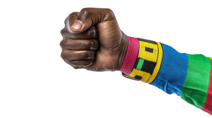 Colorful hand gesture of determination with textured sleeve