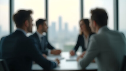 Blurred image of meeting in modern office with group of business people sitting around table, concept for corporate background.
