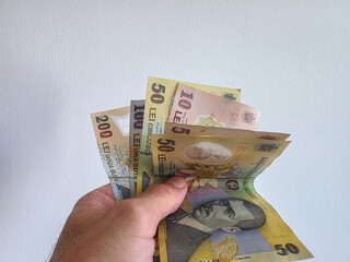 Romanian lei bank notes held in hand against a white background