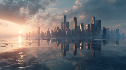 global warming concept, showing flooded cityscape