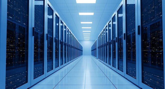 Server room with rows of computer racks and glass doors in a data center