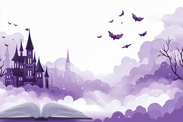Fantasy landscape illustration featuring an open book in the foreground, a mystical castle in the background, surrounded by purple clouds and flying bats, creating an enchanting atmosphere