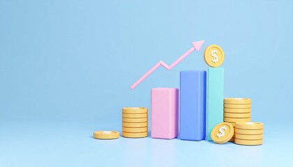 Financial growth represented by a colorful graph with a rising arrow and coin stacks