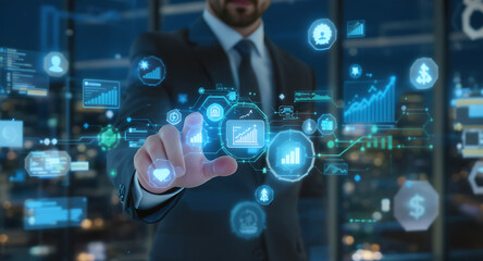 Businessman Pressing Glowing Data Visualization Icons In Air