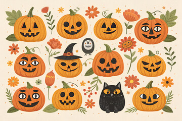Whimsical Halloween Pumpkin Patch with Cats