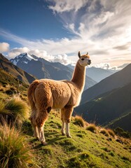 A majestic brown llama stands on a vibrant green hillside overlooking a breathtaking mountain range with snow-capped peaks at sunset.