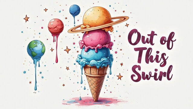 Playful and imaginative illustration of a melting ice cream cone made of planets and stars, paired with the pun &ldquo;Out of This Swirl.&rdquo; Perfect for space lovers, kids&rsquo; rooms, or quirky design lovers.