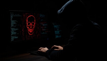A hooded person hacking on a computer, with a skull image. The scene is dark and mysterious. The monitor displays a skull image.