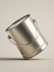 A stylized metallic paint can, tilted diagonally, with a clean and smooth surface, no logo or labels. The can has a wide cylindrical body, straight flat lid, and small metallic side handles