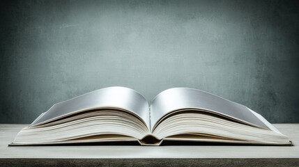 Open book resting on a table against a textured background.