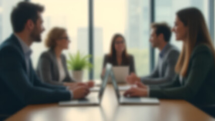 Blurred image of meeting in modern office with group of business people sitting around table, concept for corporate background.
