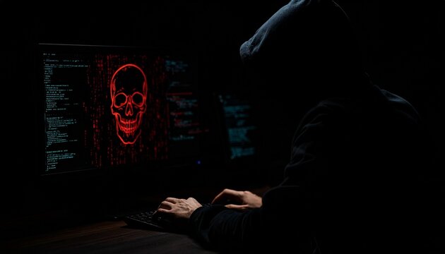 A hooded person hacking on a computer, with a skull image. The scene is dark and mysterious. The monitor displays a skull image.
