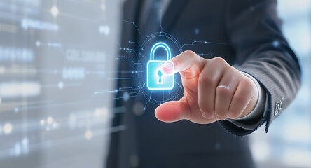 Fototapeta premium Close Up Business Hand Tapping Floating Lock Icon For Cybersecurity