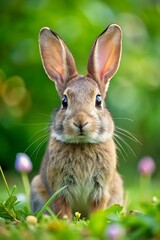 Fototapeta premium Close up portrait of a cute rabbit sitting in the grass in spring