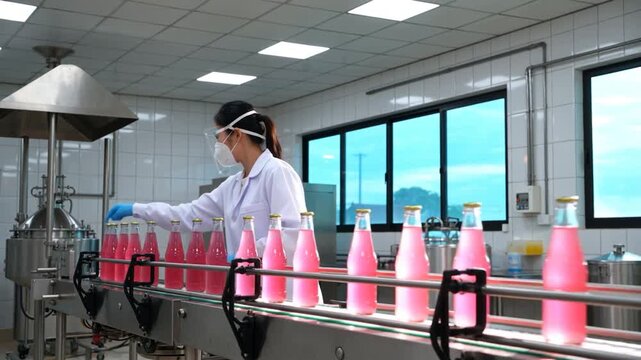 Employ&eacute;e contr&ocirc;lant la ligne de production de boisson