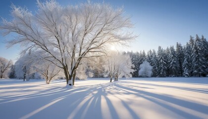 Fototapeta premium Snow Covered Trees And Forest In Bright Sunlight winter