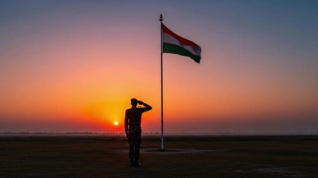 indian soldier saluting flag against sunrise sky