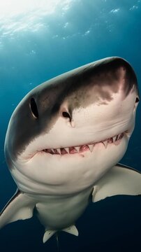 Menace du grand requin blanc avec m&acirc;choires ouvertes
