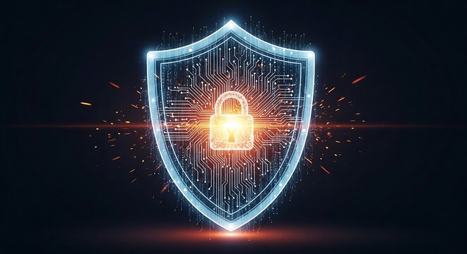 Digital shield with padlock representing cybersecurity and data protection