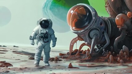 An astronaut and an alien creature on another planet. Science programs, sci-fi movies, and educational materials about space.

