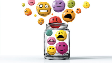 A jar overflows with vivid, stylized emotions, illustrating various suppressed feelings waiting to be released. 3d illustration