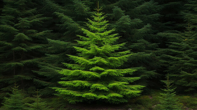 Lush green pine tree forest nature landscape, vibrant evergreen tree in tranquil woodland