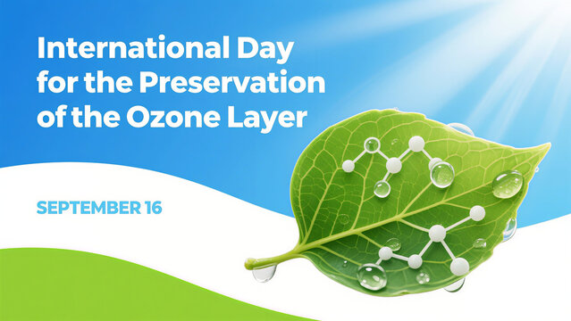 Green leaves paired with ozone molecules and water droplets represent the protection of ecological health by ozone, and are used in environmental science popularization and ozone day promotional 