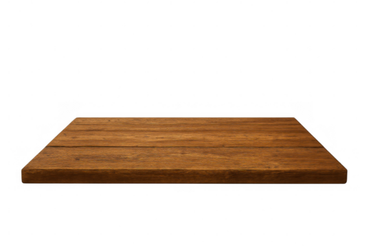 Wooden tabletop surface viewed at angle, floating against transparent backdrop, waiting for product display