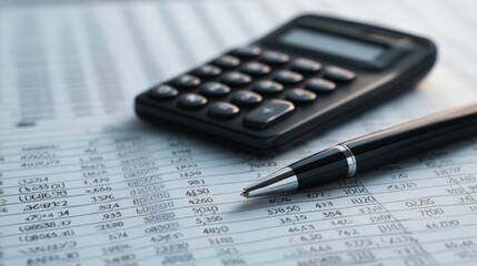 The calculator and pen on financial spreadsheets for accurate analysis.