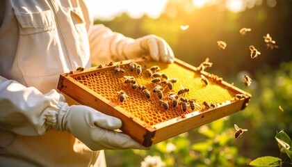 A beekeeper inspecting a honeycomb with bees, captured in the warm glow of sunlight