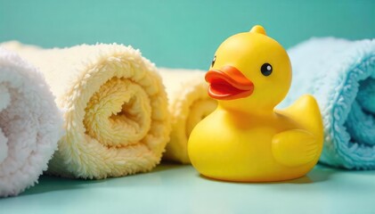 A cheerful yellow rubber duck sits amongst fluffy bath towels, ready for a relaxing bath time Perfect for spa, bathroom, and hygiene related content , duck, bathroom decor