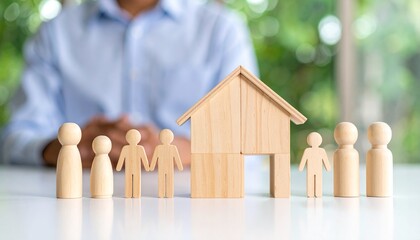 A wooden house model symbolizes family in front of a person, suggesting a concept of home ownership, property and family