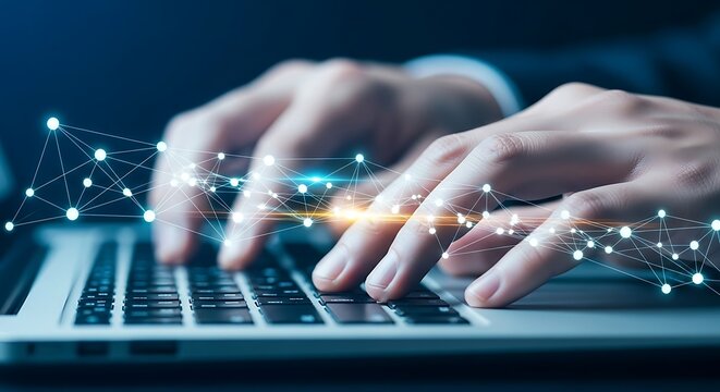 Hands typing on a laptop keyboard, symbolizing digital connection and innovation