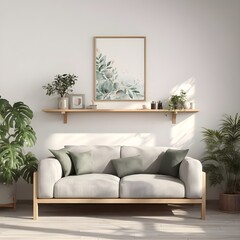 Cozy Living Room Interior with Wall Shelves and Plants