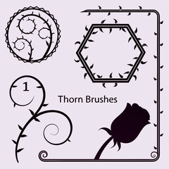 Vector art of black and white thorn and rose design elements and brushes for graphic design