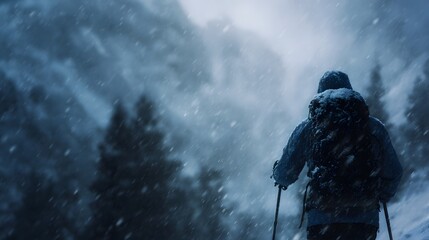 Fototapeta premium Intrepid hiker trekking through a snowy mountain landscape