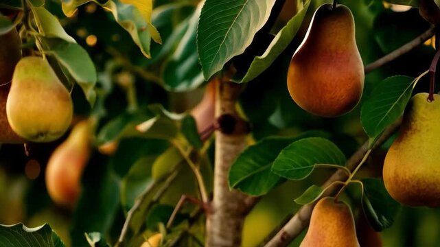 Ripe pears hanging on a tree in the garden at sunset. Great material for articles about gardening and nature.
