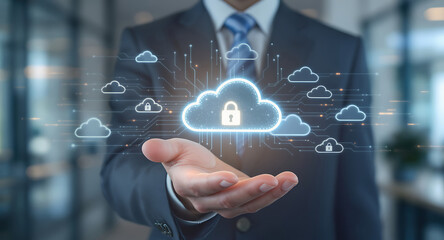 Fototapeta premium Floating Cloud Icons In Businessman Hand Representing Secure Cloud Technology