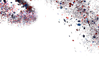 Festive background with confetti in the shape of stars in the color of the American flag.