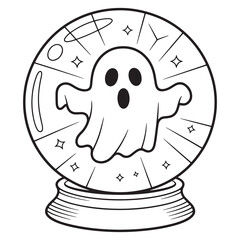 Ghost in Crystal Ball Halloween Line Art Illustration – Mystical Fortune Teller Orb with Floating Ghost Coloring Page
